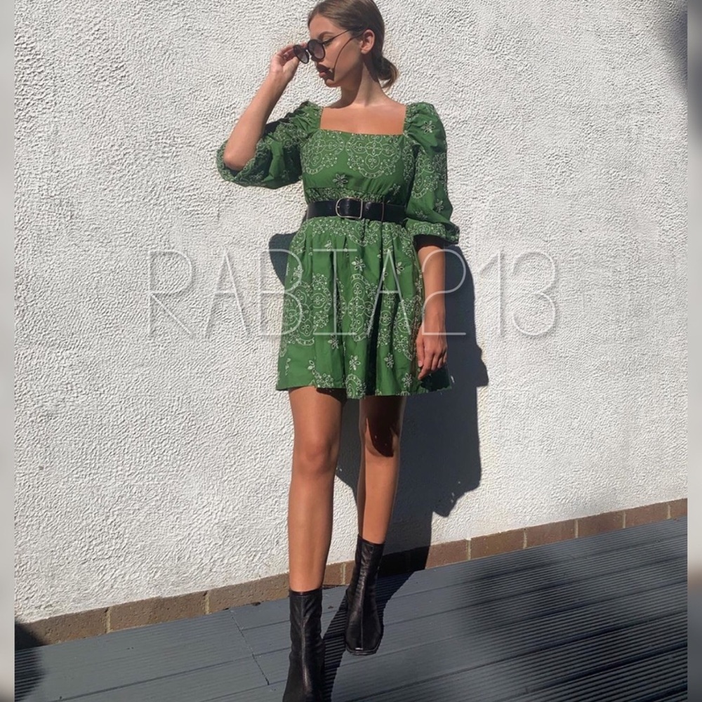 ZARA green OPENWORK EMBROIDERED DRESS